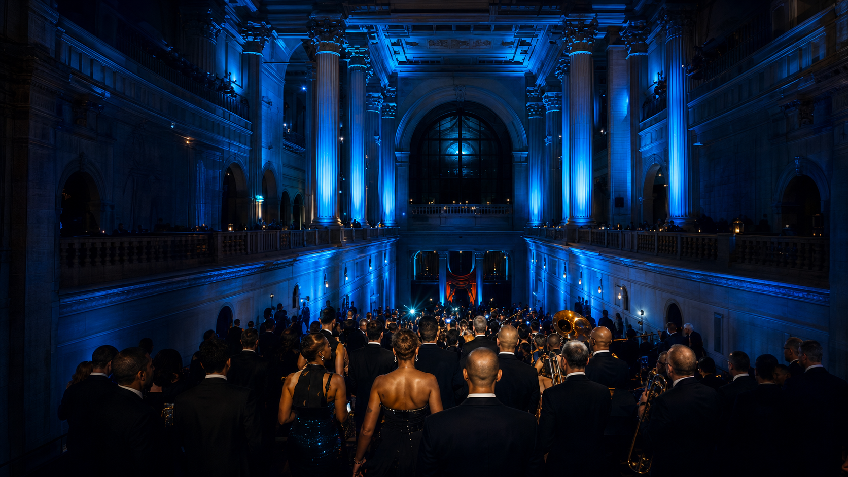 Blue-lit gala hall with formal attendees