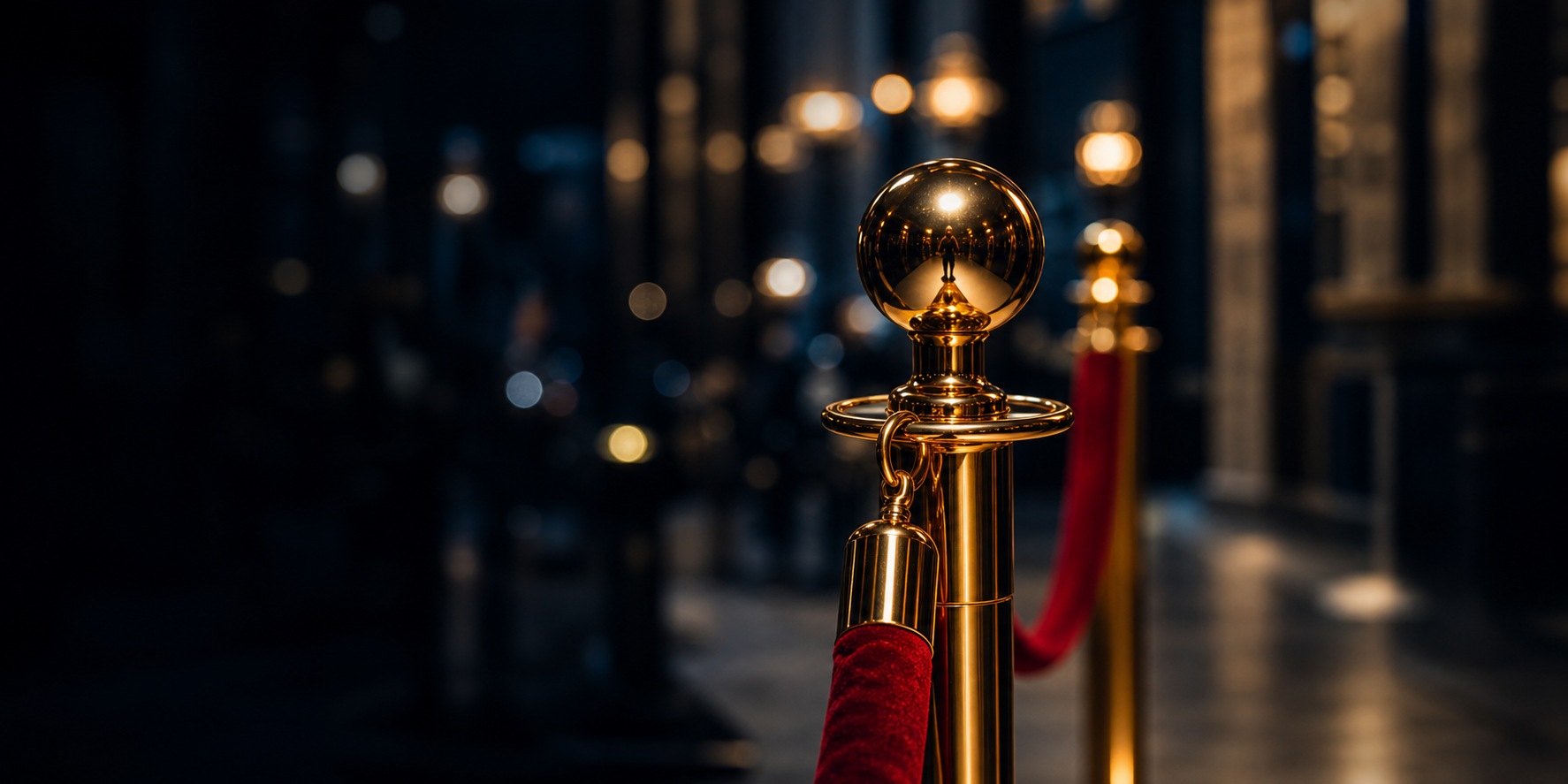 Gold stanchions with red rope at a VIP entrance
